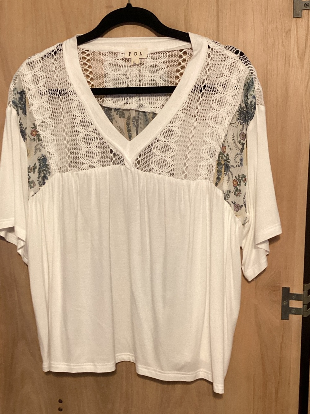 POL White V-Neck Tunic with Crochet Yoke and Floral Insets